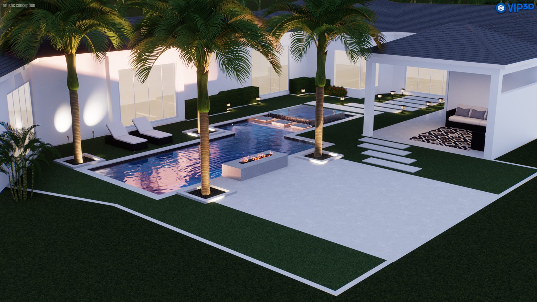 3D rendering of the proposed pool, spa, fire table, pergola and outdoor kitchen