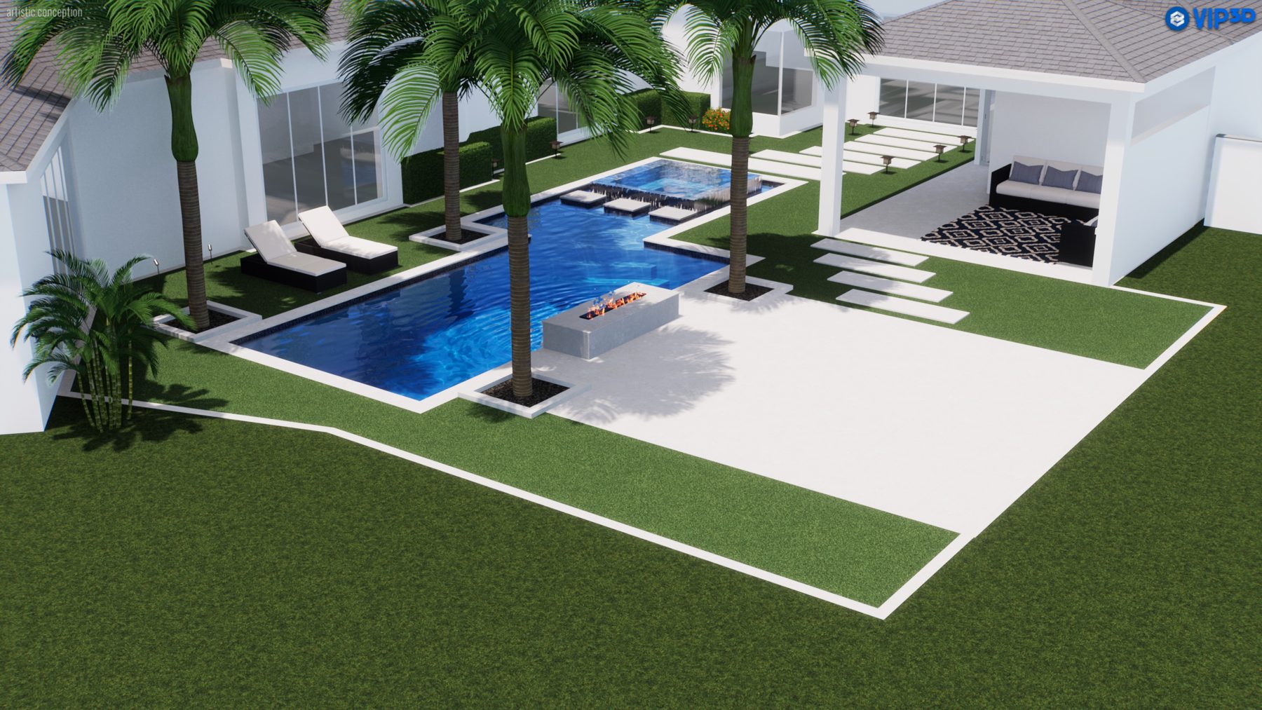 3D render of the pergola and outdoor kitchen side of the yard