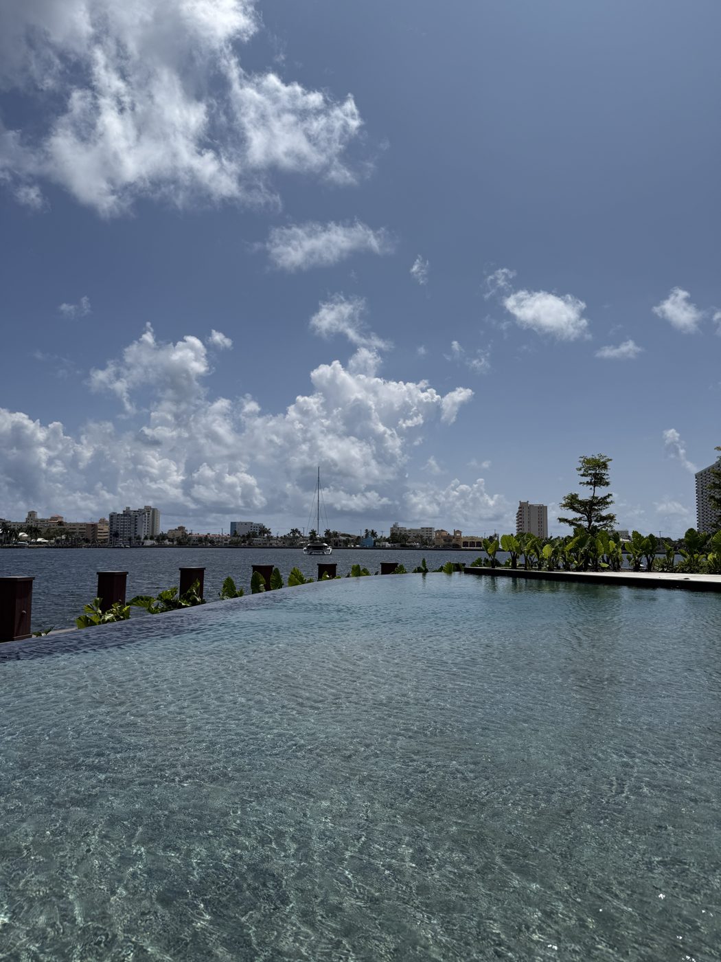 View across the infinity edge to the water and the skyline beyond