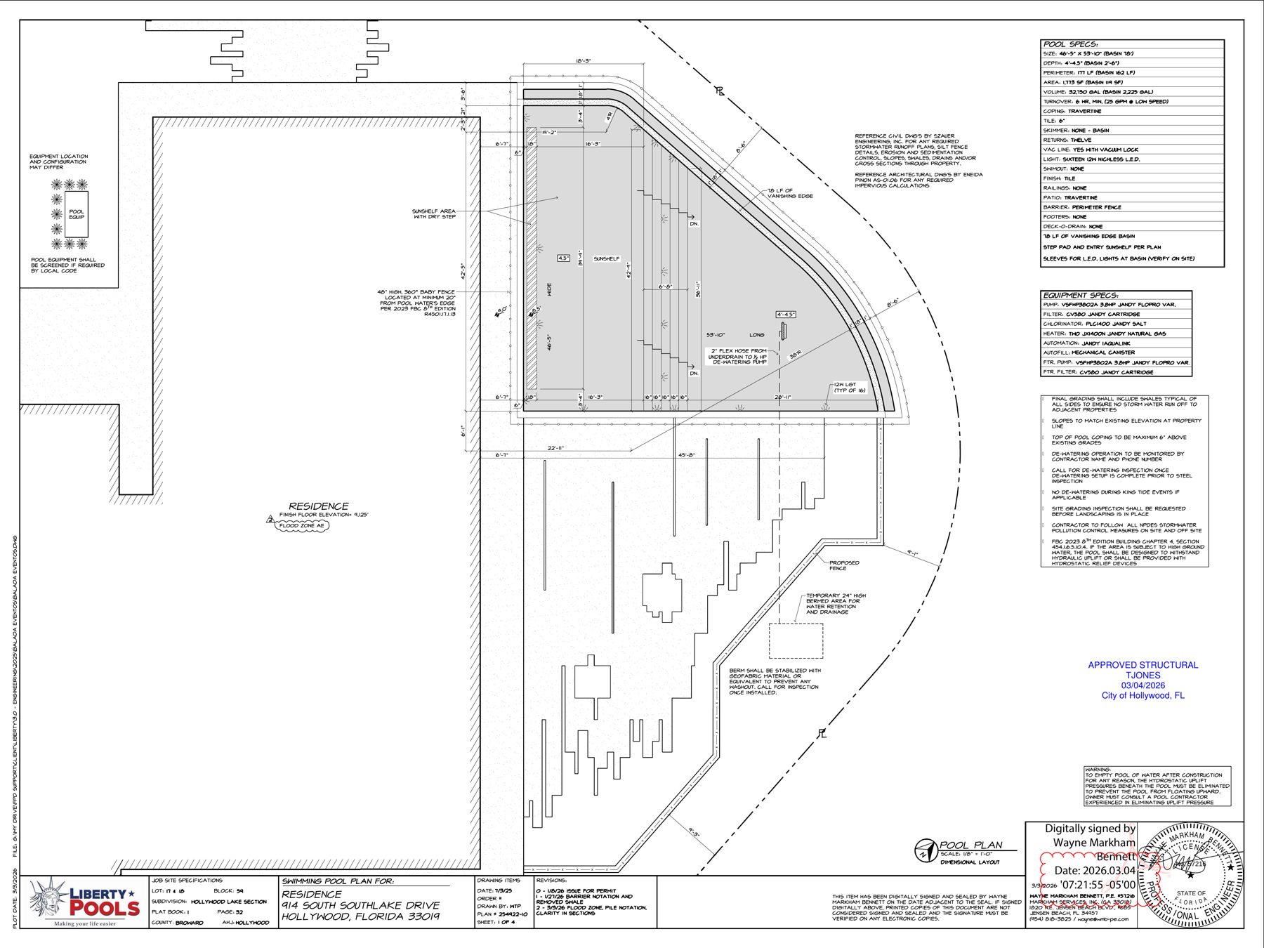 Approved pool plan sheet from the City of Hollywood showing the free-form pool, basin and pile layout
